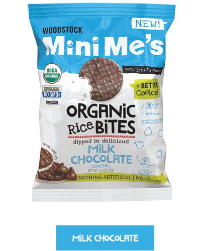 Woodstock Mini Me's Organic Rice bites dipped in milk chocolate